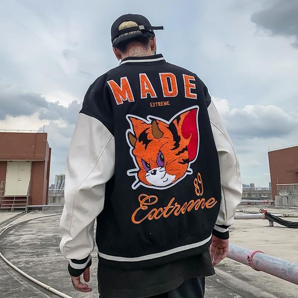 men's jackets hip hop jacket men cartoon hit color animal letter patch baseball bomber coats high street fashion clothing, Black;brown
